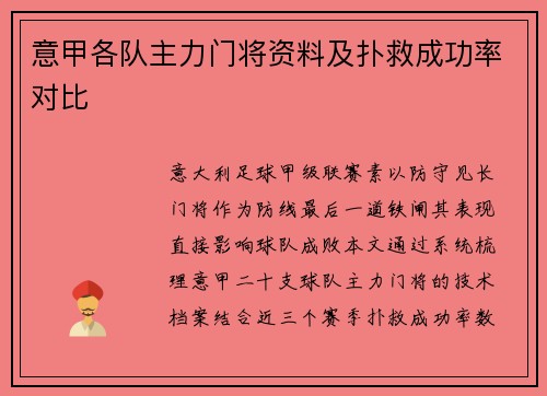 意甲各队主力门将资料及扑救成功率对比