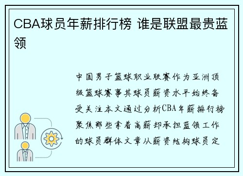CBA球员年薪排行榜 谁是联盟最贵蓝领