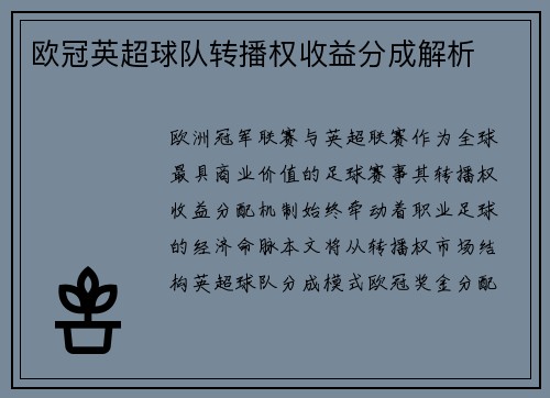 欧冠英超球队转播权收益分成解析