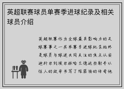 英超联赛球员单赛季进球纪录及相关球员介绍